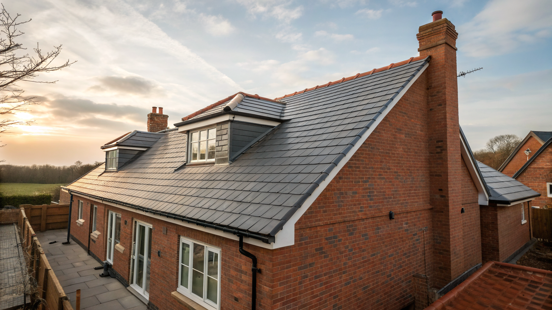 Freshly finished UK residential pitched tile roof in golden light